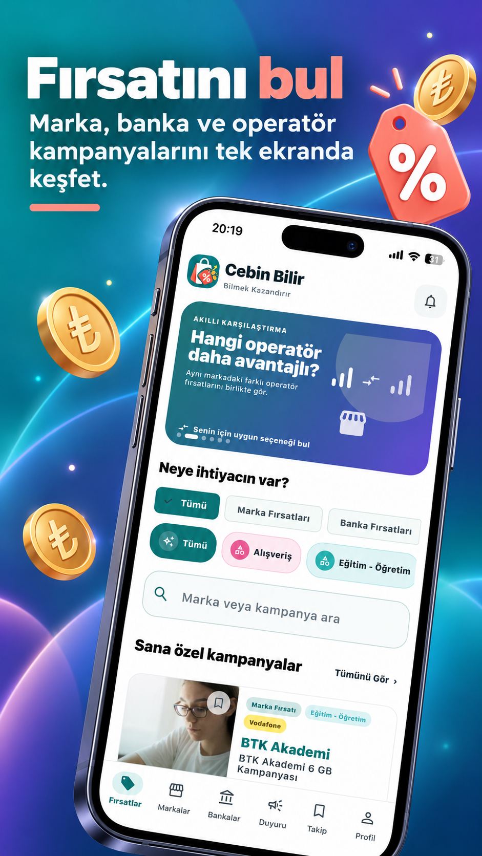CebinBilir fırsatlar ekranı